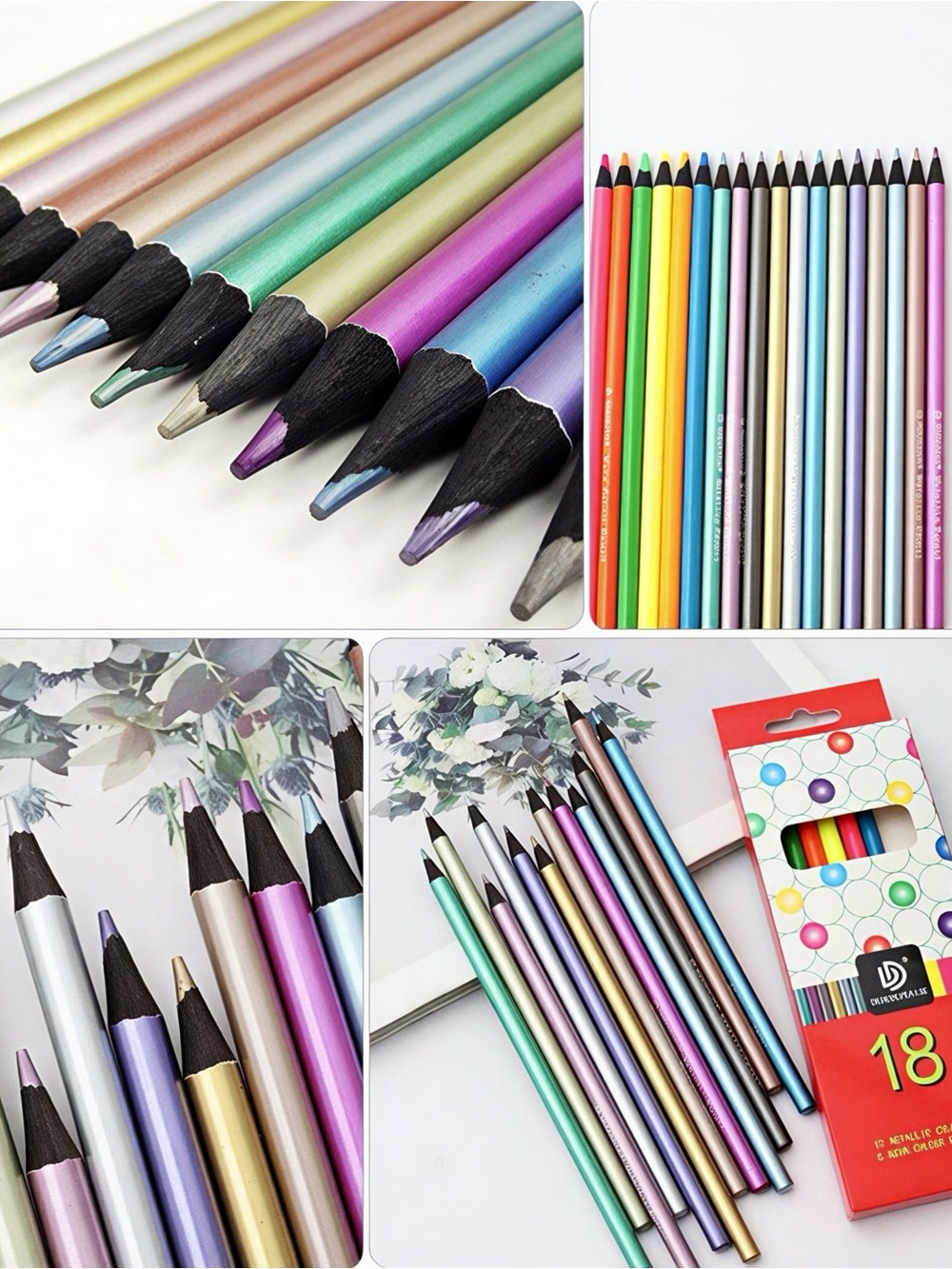 New 18ct Metallic & Neon Colored Pencil Set Home School Office DIY Fun Art Craft